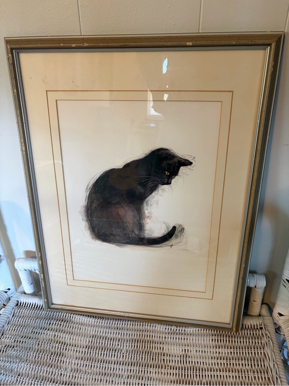Rare Mads Stage Black Cat Framed Print Wall Art Vintage Denmark Glass Frame Cats